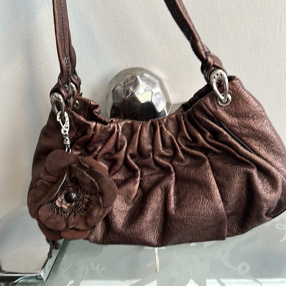 Brighton, metallic, brown, detachable, flower, coin, case tote